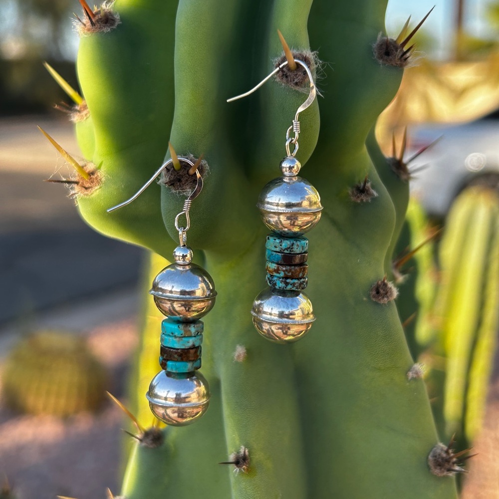 Sterling Silver Navajo Handmade Bench Beaded Turquoise Earrings